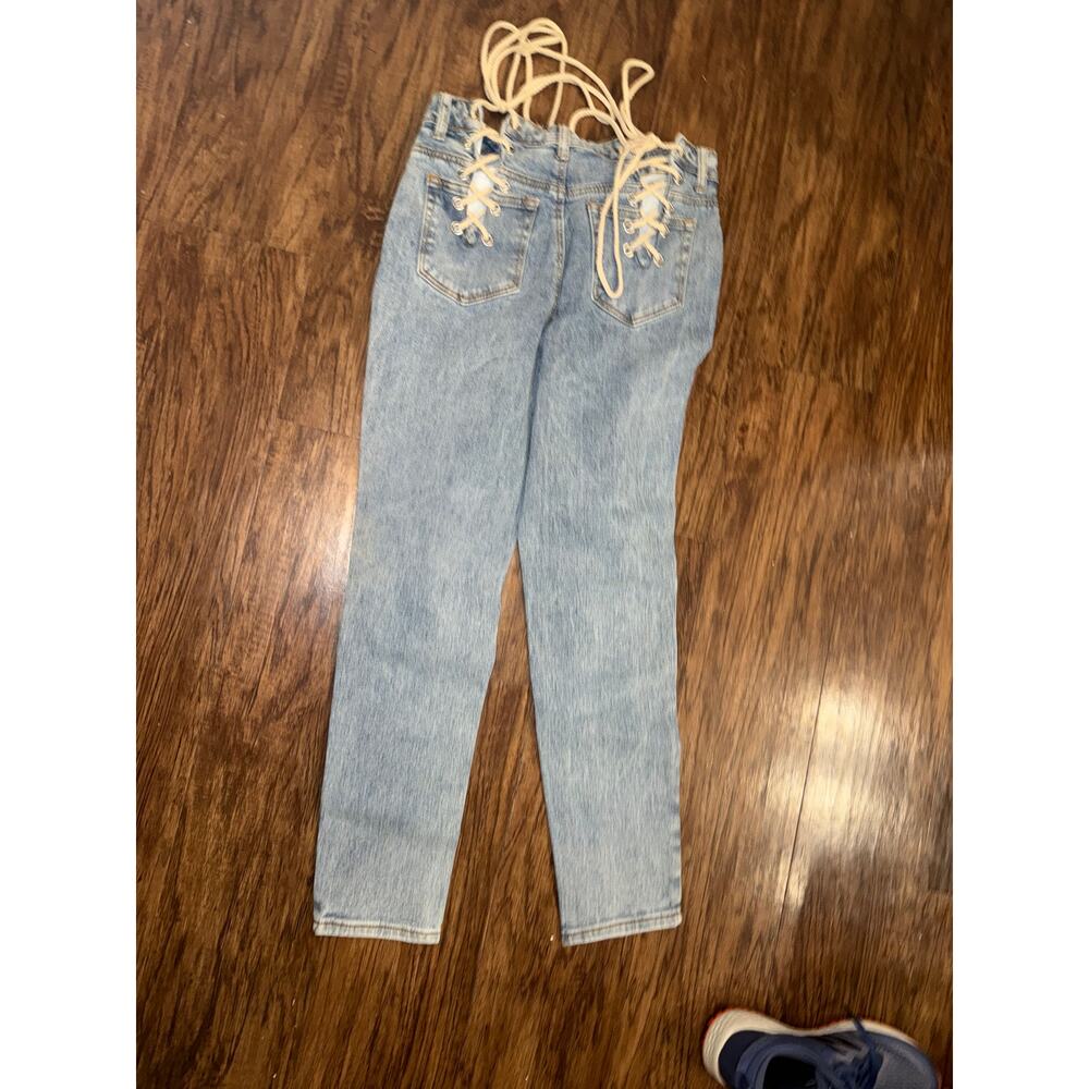 SHEIN Lace Up Back Jeans Women Light Wash Corset Back Straight Leg Denim